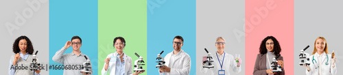 Set of many people with microscopes on color background