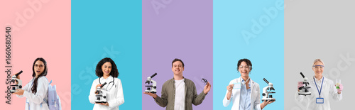 Set of many people with microscopes on color background