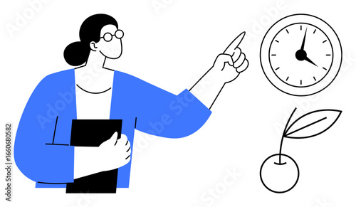 Woman pointing at clock while holding a folder, alongside a cherry icon symbolizing growth. Ideal for time management, productivity, education, organization, planning, growth, and mindfulness simple