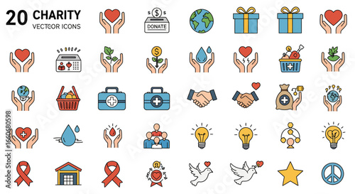 Unique International Charity Day Vector Icons Set Flat Outline Silhouette Geometric and Cartoon Styles