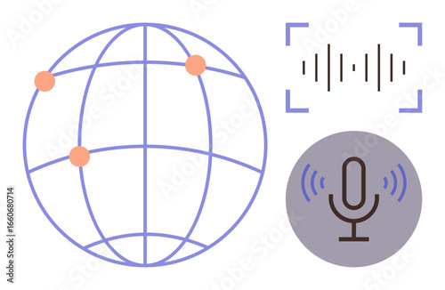 Globe with connected points, soundwave, and microphone icon representing voice recognition, technology, globalization, remote work, data sharing, collaboration and information exchange. A simple