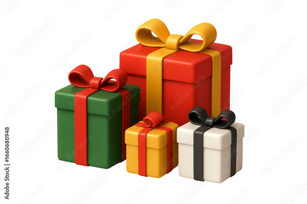 Obraz premium Vibrant gift boxes tied with decorative ribbons, presenting festive celebration mood against transparent backdrop for seamless design placement
