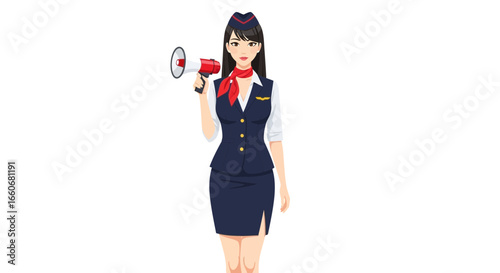 A flight attendant speaks through a megaphone for passenger announcement
