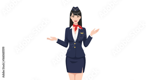 Welcoming Stewardess in Classic Uniform with Open Arms Illustration