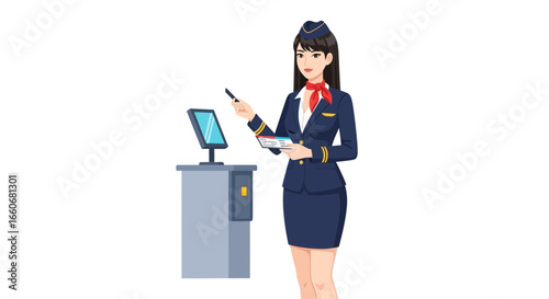 Animated air hostess assisting at self-service check-in kiosk at airport