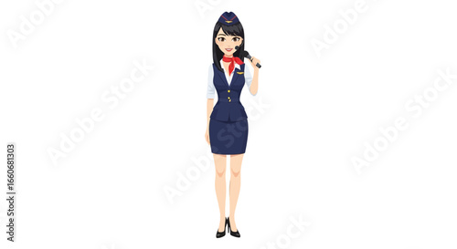 Animated air hostess welcoming passenger with microphone for announcement