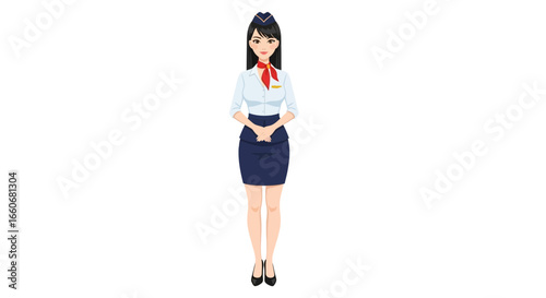 Animated air hostess standing and wearing a traditional uniform isolated