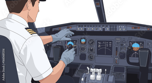 Animated Airplane Pilot Inside Aircraft Cockpit Operating Flight Controls