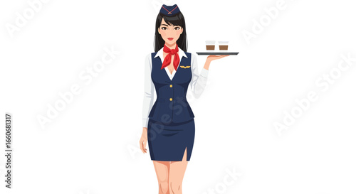 Animated Asian stewardess in uniform serving coffee on an airline flight