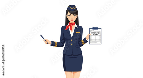 Attentive airline stewardess presents immigration documents in vector design