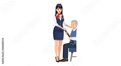Attentive flight attendant assisting senior passenger with seatbelt
