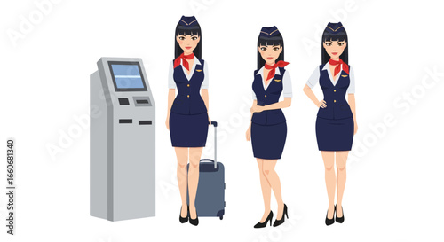 Attractive air hostess in airport terminal ready to assist passenger customer