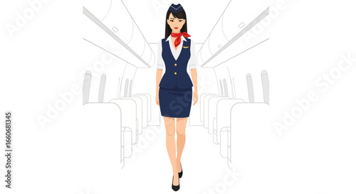 Attractive air hostess in uniform, inside the aircraft, vector illustration