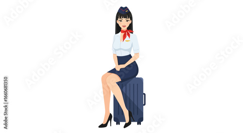 Attractive air hostess in uniform posing and resting on a blue suitcase