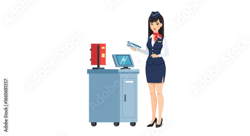 Attractive flight attendant checking tickets in front of a computer station
