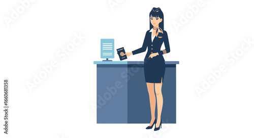 Attractive stewardess handling passport control at the airport counter