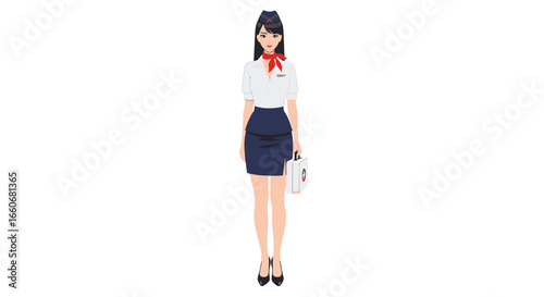 Attractive stewardess in uniform with a first aid kit, isolated cartoon vector