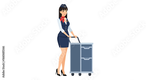 Attractive stewardess pushing trolley wearing classy uniform isolated