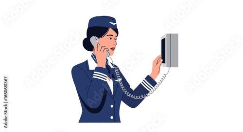 Attractive stewardess speaking on phone during work routine illustration