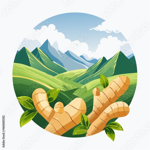 Fresh Ginger Root with Mountain Landscape Illustration