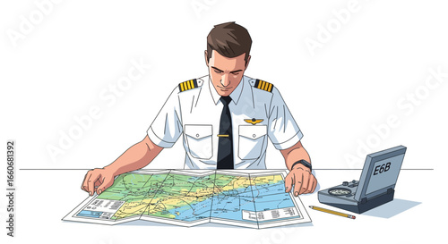 Aviation Captain Examining a Flight Chart Before Takeoff Preparation Process