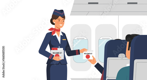 Cabin crew welcoming passenger with a welcome kit on board airplane