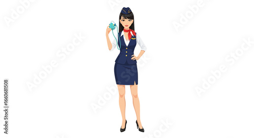 Cartoon air hostess demonstration of oxygen mask procedures on a plane