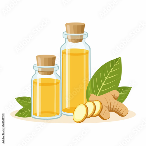 Two Bottles of Golden Ginger Essential Oil with Leaves