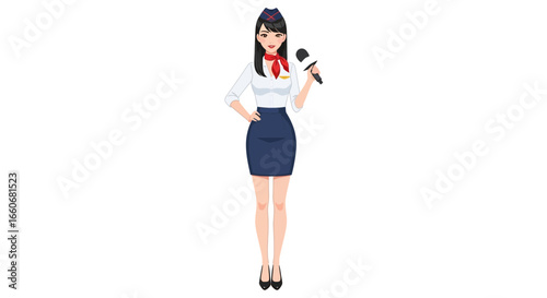 Cartoon Stewardess with Microphone Ready for Announcement or Interview