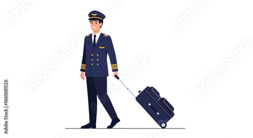 Cartoon-Style Pilot Pulling Suitcase Isolated on White Background