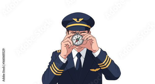 Cartoon pilot holding compass showing navigation direction for aviation sector