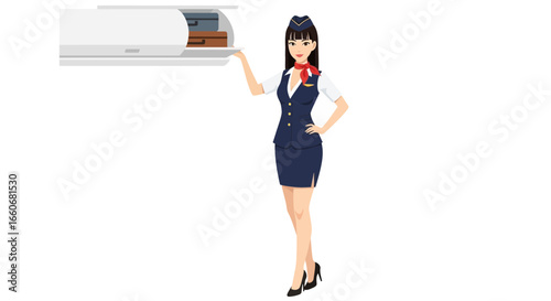 Cartoon stewardess placing luggage in overhead bin for travel illustration
