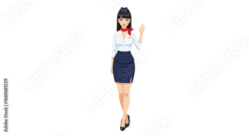 Charming air hostess greeting with a friendly wave, vector illustration
