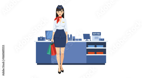 Charming air hostess poses by duty-free shop with colorful shopping bags