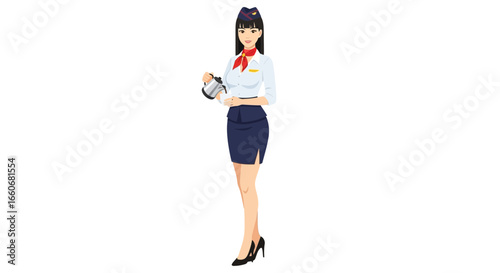 Charming air hostess serving beverage, vector illustration for travel industry