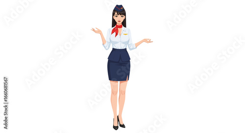 Charming asian flight attendant illustration in welcoming gesture pose