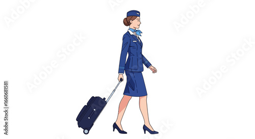 Charming flight attendant in blue uniform gracefully pulling suitcase