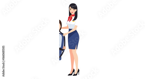 Charming flight attendant assisting passenger with seat belt aboard aircraft