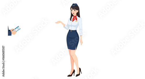 Charming flight attendant greeting passengers, ready for takeoff illustration