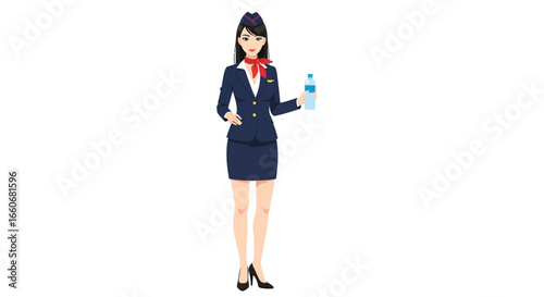 Charming flight attendant offering refreshing water service in air travel