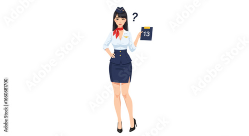 Confused stewardess holding a sign with the number 13 in a cartoon style