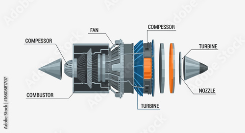 Cross-section of a jet engine illustrating its complex inner workings