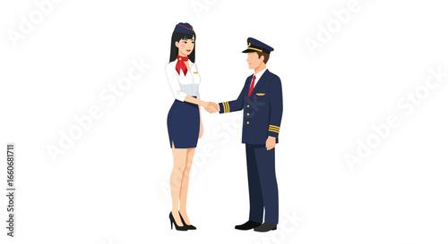 Cordial agreement, pilot and stewardess handshake, aviation professionalism