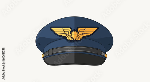 Detailed pilot hat illustration with winged emblem, vector graphic