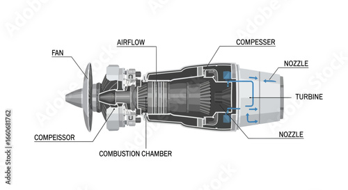 Detailed sectional view of a jet engine illustrating airflow and major components