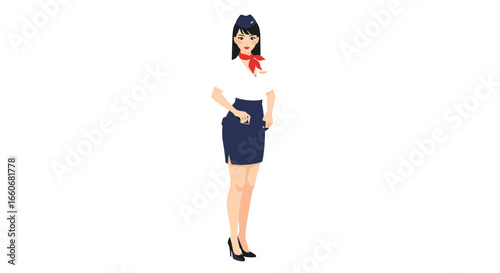 Elegant air hostess illustration in uniform against a plain backdrop
