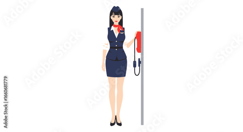 Elegant air hostess answering the telephone with professional style, flat illustration