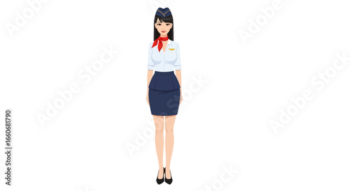 Elegant Air Hostess Illustration Standing Tall and Professional on White Canvas