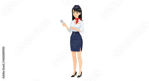 Elegant flight attendant in uniform providing airline customer service