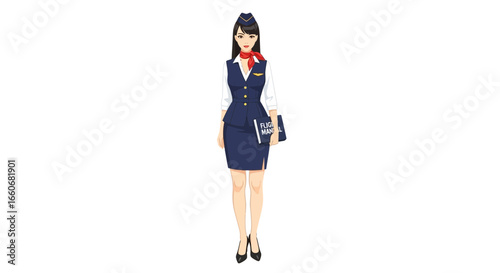 Elegant flight attendant in professional attire holding a flight manual